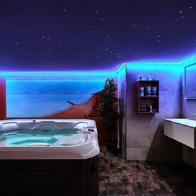 Modernes Wellnessbad mit Whirlpool, LED-Beleuchtung und maritimer Wandmalerei.
