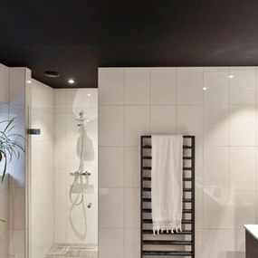 Modernes Badezimmer mit schwarzer Decke, weißen Fliesen, Dusche und Handtuchheizkörper.